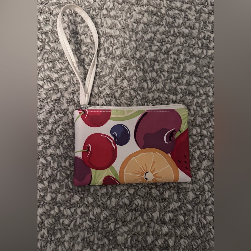 Clinique Fruit Print Wristlet Pouch - White, Red, Purple, Orange